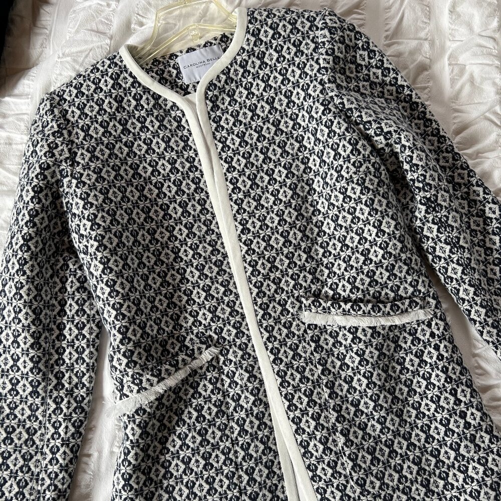 Carolina Belle Montreal Navy and White Printed Duster Coat, Size: M